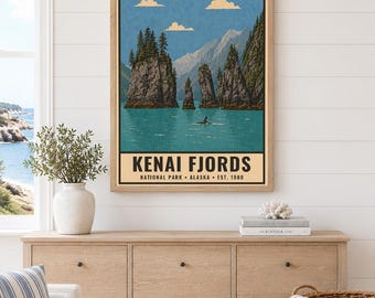 Plakat z Parku Narodowego Kenai Fjords, wydruk z podróży po fiordach lodowcowych Alaski, retro sztuka ścienna z motywem wybrzeża oceanu, dekoracja do druku w stylu WPA