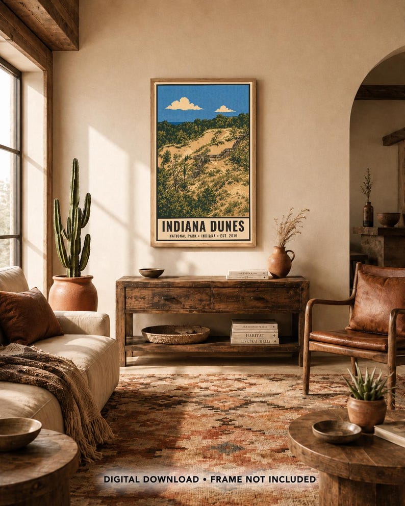 Plakat z Parku Narodowego Indiana Dunes, wydruk z podróży po plaży nad jeziorem Michigan w stylu vintage, dekoracja ścienna z wydmami w stylu retro, dekoracja do druku w stylu WPA z lat 60. XX wieku zdjęcie 7