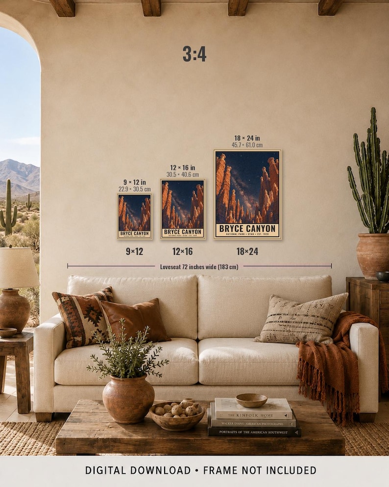 May include: Three rectangular wall art prints of Bryce Canyon National Park in Utah, displayed in sizes 9x12 inches, 12x16 inches, and 18x24 inches. Each print features a night sky over rock formations with the text Bryce Canyon National Park Utah Est 1928.