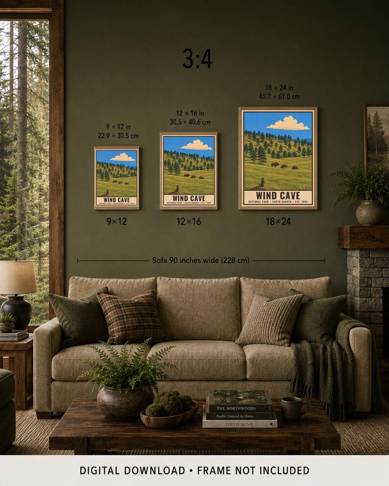 Poster zum Wind Cave Nationalpark, Bison-Prärielandschaft in South Dakota, Vintage-Reisemotiv, Druckbare Dekoration Bild 9