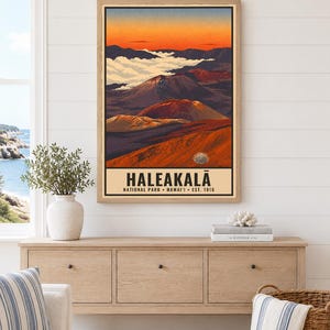 Haleakala National Park Poster, Hawaii Maui Volcano Sunrise Vintage Travel Print, Retro Island Landscape Wall Art, WPA Style Printable image 1