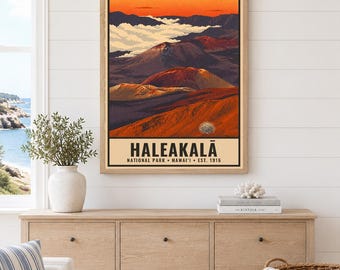 Haleakala National Park Poster, Hawaii Maui Volcano Sunrise Vintage Travel Print, Retro Island Landscape Wall Art, WPA Style Printable