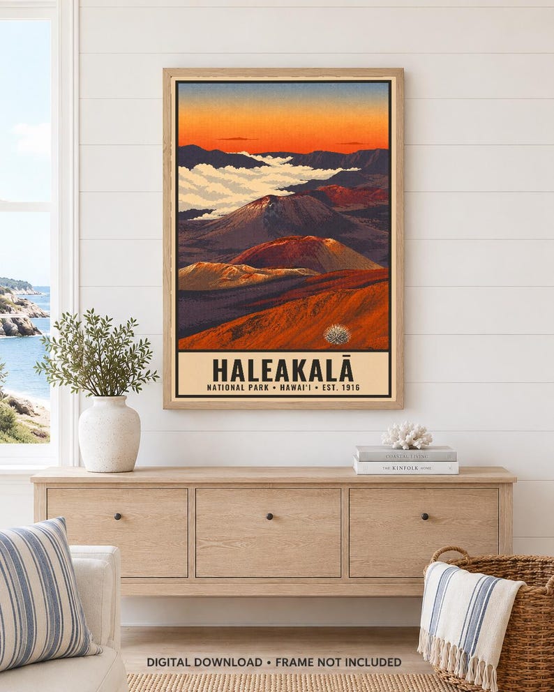 Haleakala National Park Poster, Hawaii Maui Volcano Sunrise Vintage Travel Print, Retro Island Landscape Wall Art, WPA Style Printable image 1