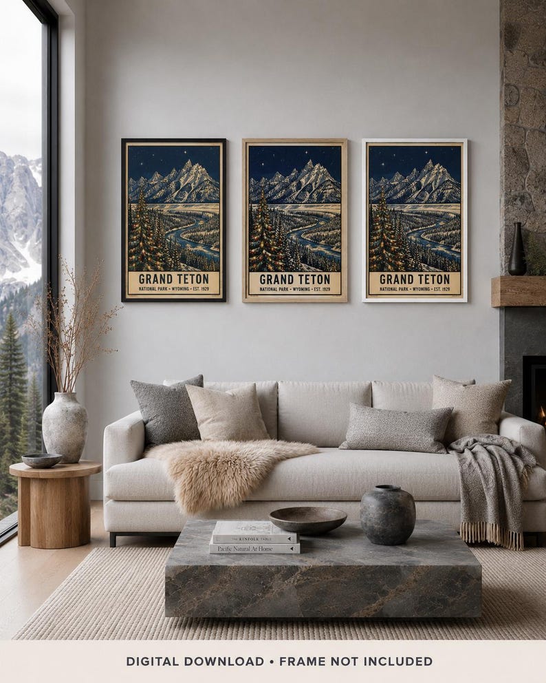 May include: Three vertical wall art prints featuring a night landscape of Grand Teton National Park, Wyoming. Each print displays snow-capped mountains, a winding river, and pine trees under a starry sky, with the text GRAND TETON NATIONAL PARK.