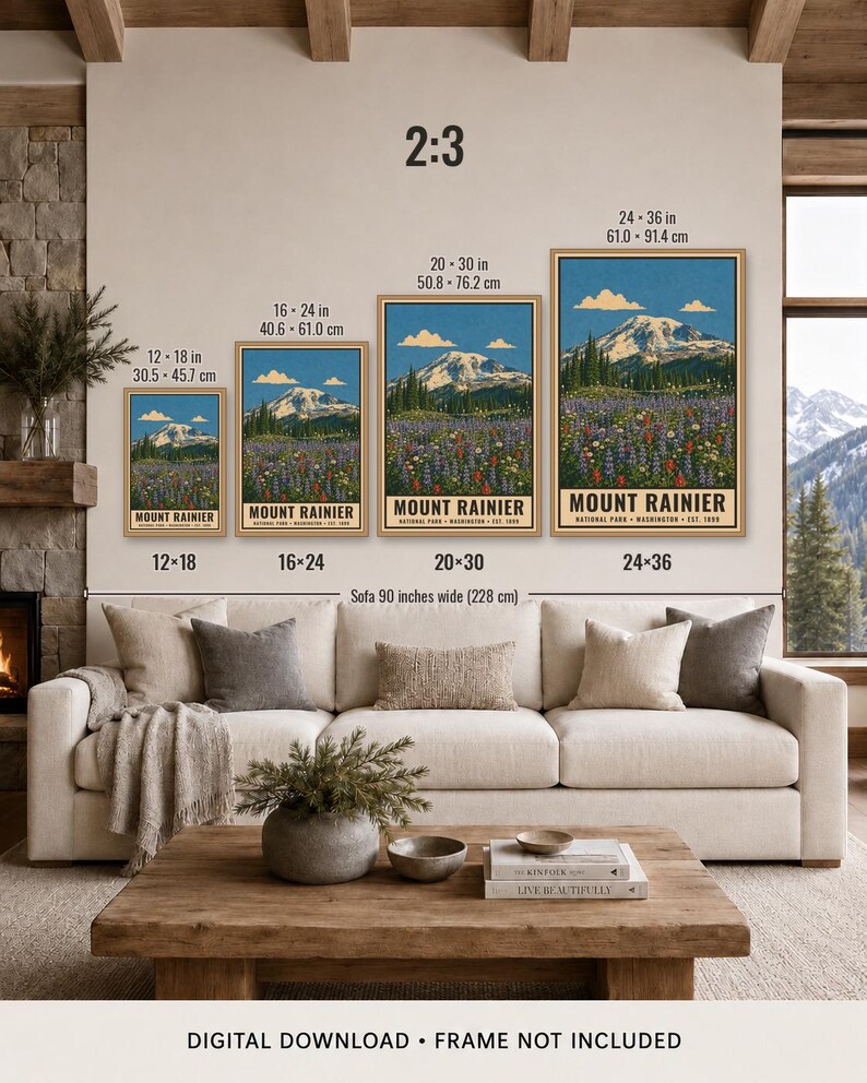 Poster zum Mount Rainier Nationalpark, Vintage-Reisemotiv aus Washington, Druckbare Wildblumenwiesen-Dekoration, Gletschergipfel-Download Bild 9