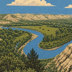 May include: A landscape illustration featuring a winding blue river flowing through a green valley. Three dark bison graze in a grassy meadow near the riverbank. The scene is framed by textured tan hills and dense green trees under a blue sky.