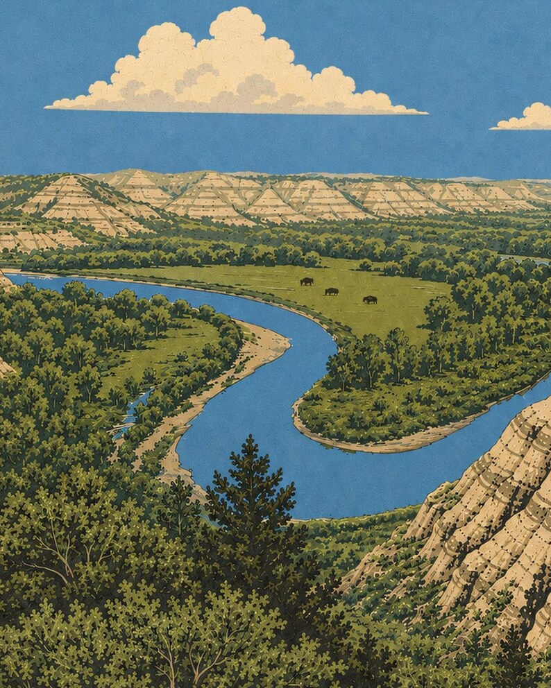 May include: A landscape illustration featuring a winding blue river flowing through a green valley. Three dark bison graze in a grassy meadow near the riverbank. The scene is framed by textured tan hills and dense green trees under a blue sky.