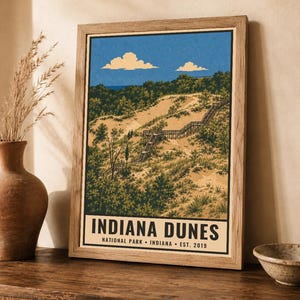 Plakat z Parku Narodowego Indiana Dunes, wydruk z podróży po plaży nad jeziorem Michigan w stylu vintage, dekoracja ścienna z wydmami w stylu retro, dekoracja do druku w stylu WPA z lat 60. XX wieku zdjęcie 2