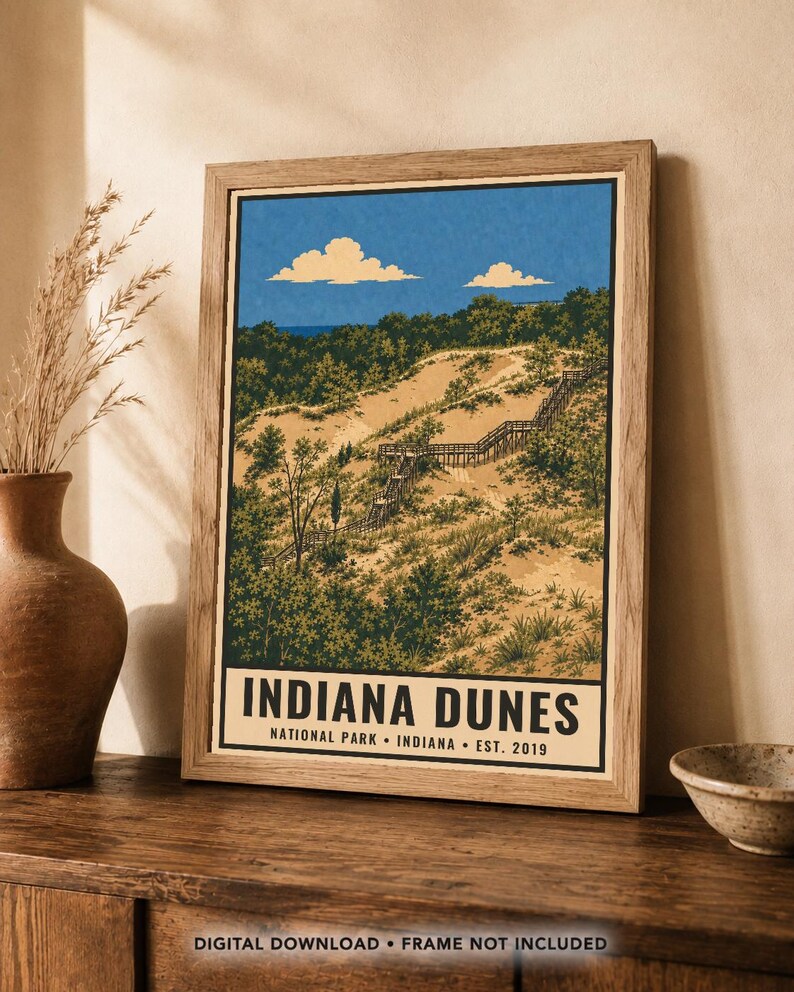 Plakat z Parku Narodowego Indiana Dunes, wydruk z podróży po plaży nad jeziorem Michigan w stylu vintage, dekoracja ścienna z wydmami w stylu retro, dekoracja do druku w stylu WPA z lat 60. XX wieku zdjęcie 2