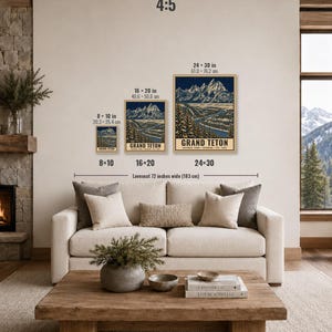 May include: Three rectangular wall art prints of Grand Teton National Park in sizes 8x10 inches, 16x20 inches, and 24x30 inches. The prints feature a dark blue night sky over snow-capped mountains, a winding river, and pine trees with the text GRAND TETON.
