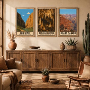 May include: Three framed vertical posters depicting Big Bend, Carlsbad Caverns, and Grand Canyon National Parks. Each print features a landscape illustration with text at the bottom. The text reads: DIGITAL DOWNLOAD &bull; FRAME NOT INCLUDED.