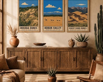 Set di 3 stampe artistiche da parete nei toni della terra, Dune di sabbia, Poster dei parchi nazionali, Dune dell'Indiana, Valle di Kobuk, Grandi Dune di sabbia, Stampe artistiche