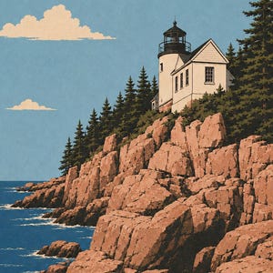 May include: A stylized illustration of a white lighthouse with a black lantern room perched atop a rugged, rocky cliffside. Dark green evergreen trees surround the structure, overlooking a deep blue ocean under a light blue sky with clouds.