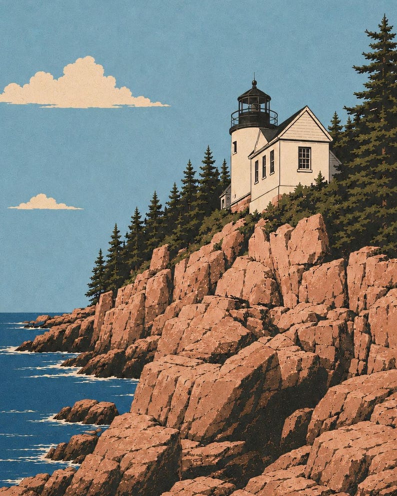 May include: A stylized illustration of a white lighthouse with a black lantern room perched atop a rugged, rocky cliffside. Dark green evergreen trees surround the structure, overlooking a deep blue ocean under a light blue sky with clouds.