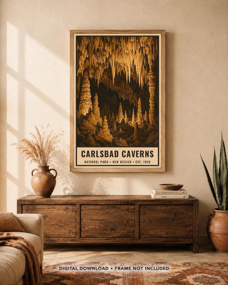 May include: A vertical rectangular wall art print featuring a detailed illustration of the Carlsbad Caverns with golden stalactites and stalagmites against a dark background. The text reads CARLSBAD CAVERNS NATIONAL PARK NEW MEXICO EST. 1930.