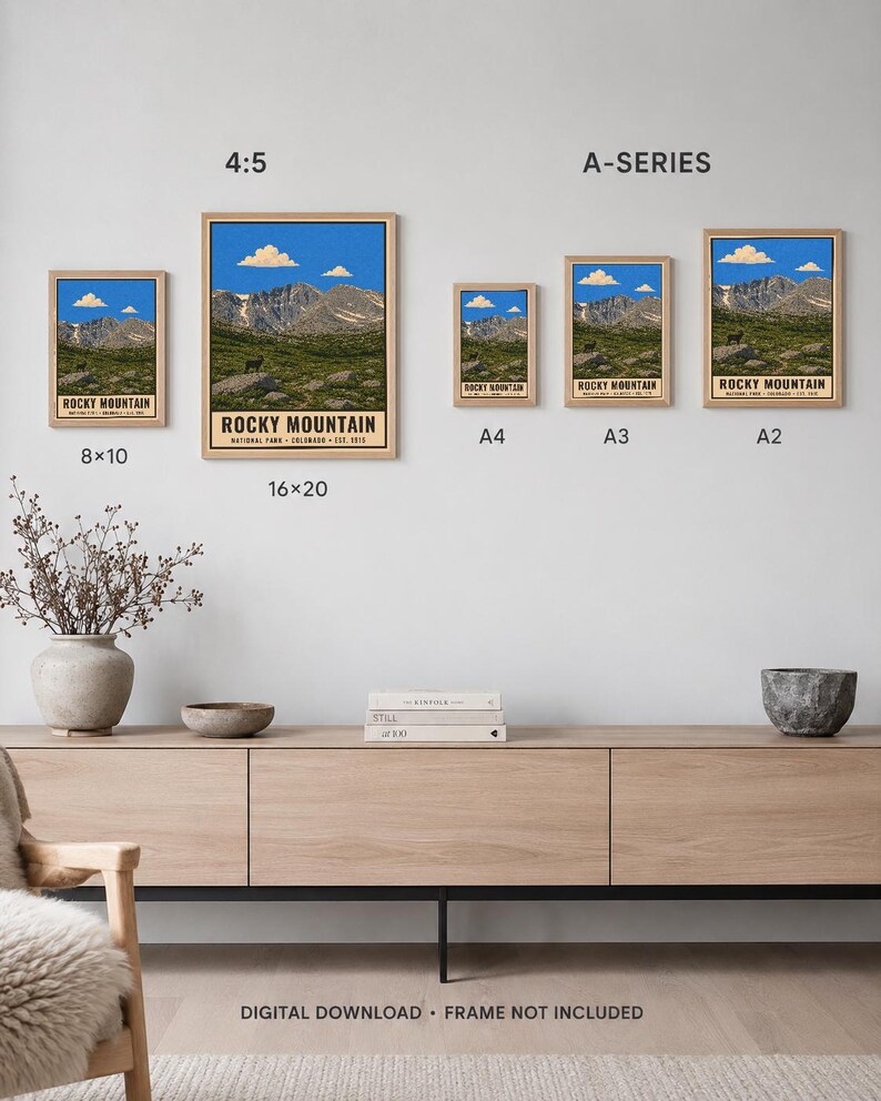 May include: A collection of Rocky Mountain National Park posters in various sizes including 8x10, 16x20, A4, A3, and A2. Each print features a mountain landscape with a blue sky, clouds, and rocky terrain. The text reads Rocky Mountain National Park.