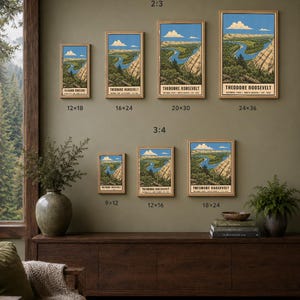 May include: A collection of seven framed art prints depicting Theodore Roosevelt National Park with a winding river, cliffs, and blue sky. The prints are displayed in 2:3 and 3:4 aspect ratios with sizes 12x18, 16x24, 20x30, 24x36, 9x12, 12x16, and 18x24 inches. Text reads: DIGITAL DOWNLOAD &bull; FRAME NOT INCLUDED.
