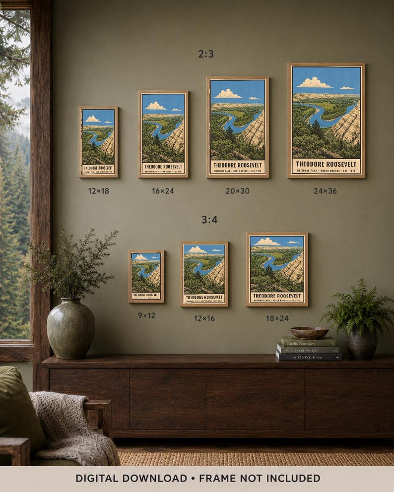 May include: A collection of seven framed art prints depicting Theodore Roosevelt National Park with a winding river, cliffs, and blue sky. The prints are displayed in 2:3 and 3:4 aspect ratios with sizes 12x18, 16x24, 20x30, 24x36, 9x12, 12x16, and 18x24 inches. Text reads: DIGITAL DOWNLOAD &bull; FRAME NOT INCLUDED.