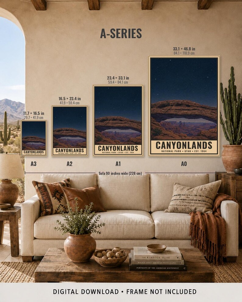 May include: Four vertical wall art prints of Canyonlands National Park at night, labeled A3, A2, A1, and A0. Sizes range from 11.7 x 16.5 inches to 33.1 x 46.8 inches. Each print features a dark starry sky over a natural rock arch formation.