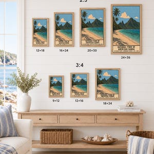 May include: A collection of seven framed posters depicting the National Park of American Samoa with a beach, palm trees, and mountains. The posters are displayed in various sizes including 12x18, 16x24, 20x30, 24x36, 9x12, 12x16, and 18x24 inches.