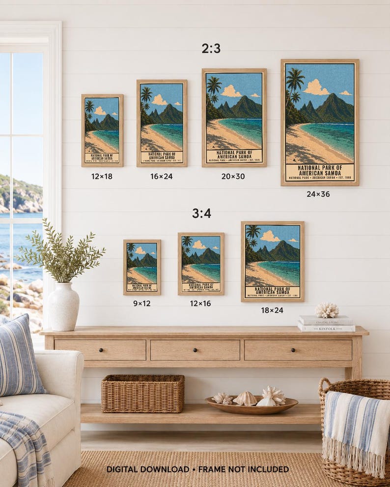 May include: A collection of seven framed posters depicting the National Park of American Samoa with a beach, palm trees, and mountains. The posters are displayed in various sizes including 12x18, 16x24, 20x30, 24x36, 9x12, 12x16, and 18x24 inches.