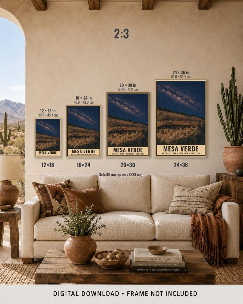 May include: Four vertical wall art prints of Mesa Verde National Park, Colorado, displayed in sizes 12x18, 16x24, 20x30, and 24x36 inches. Each print features a night sky over cliff dwellings with the text MESA VERDE NATIONAL PARK COLORADO EST 1906.