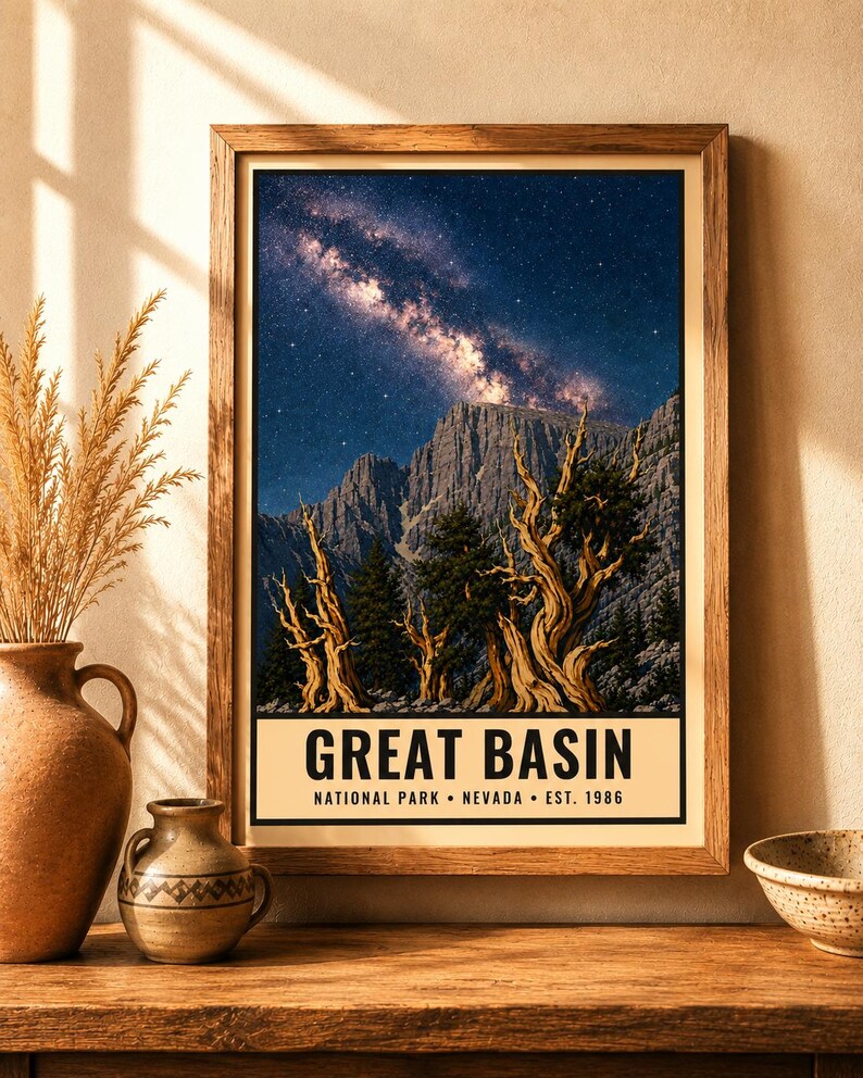 May include: A framed vertical poster featuring a night sky with a visible Milky Way galaxy above rugged mountains and twisted ancient trees. The bottom section contains the text GREAT BASIN NATIONAL PARK NEVADA EST. 1986 in black lettering.