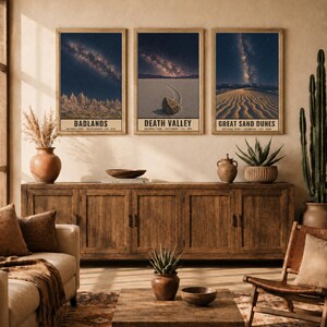 May include: Three vertical wall art prints featuring night sky landscapes of Badlands, Death Valley, and Great Sand Dunes National Parks. Each print displays a starry galaxy above desert terrain with text labels at the bottom. Digital download.