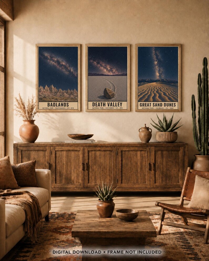 May include: Three vertical wall art prints featuring night sky landscapes of Badlands, Death Valley, and Great Sand Dunes National Parks. Each print displays a starry galaxy above desert terrain with text labels at the bottom. Digital download.