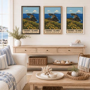 May include: Three vertical wall art prints featuring a landscape illustration of Channel Islands National Park with yellow flowers, rocky cliffs, and blue ocean. Each print includes the text CHANNEL ISLANDS NATIONAL PARK CALIFORNIA EST. 1980.