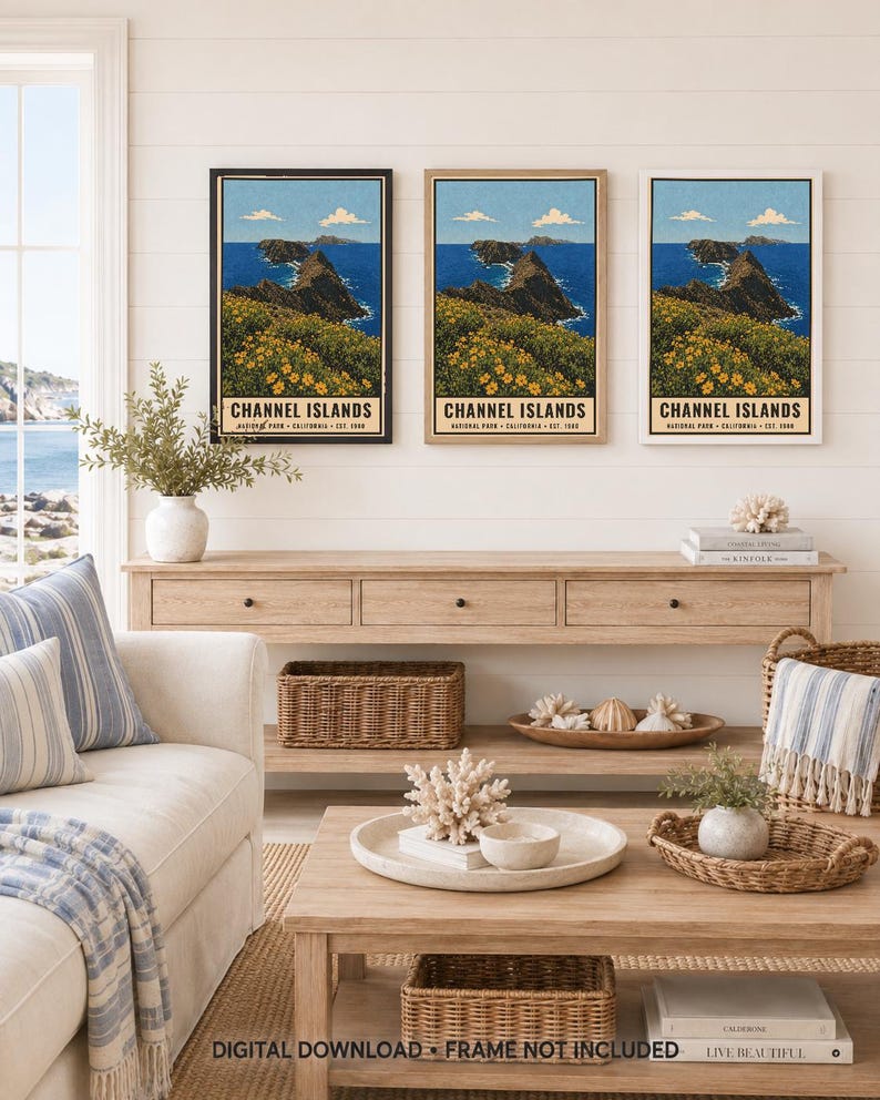 May include: Three vertical wall art prints featuring a landscape illustration of Channel Islands National Park with yellow flowers, rocky cliffs, and blue ocean. Each print includes the text CHANNEL ISLANDS NATIONAL PARK CALIFORNIA EST. 1980.