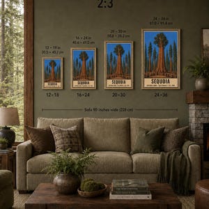 Plakat z Parkiem Narodowym Sekwoi, wydruk podróżny z gigantycznymi drzewami z Kalifornii w stylu vintage, grafika ścienna z sylwetką lasu w stylu retro, sitodruk w stylu WPA do druku zdjęcie 8