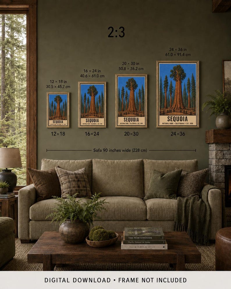 Plakat z Parkiem Narodowym Sekwoi, wydruk podróżny z gigantycznymi drzewami z Kalifornii w stylu vintage, grafika ścienna z sylwetką lasu w stylu retro, sitodruk w stylu WPA do druku zdjęcie 8