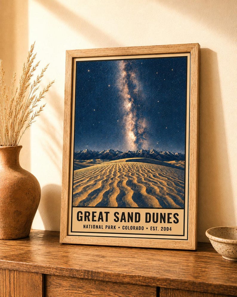 May include: A framed vertical poster featuring a night sky with a visible Milky Way galaxy above a desert landscape of sand dunes and distant mountains. The text at the bottom reads GREAT SAND DUNES NATIONAL PARK COLORADO EST. 2004.