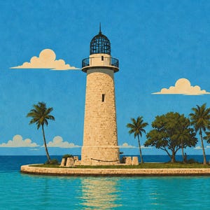 May include: A tall, cylindrical stone lighthouse with a black metal lantern room and railing stands on a small island. The scene features turquoise water, green palm trees, and a clear blue sky with stylized clouds in a flat, graphic art style.