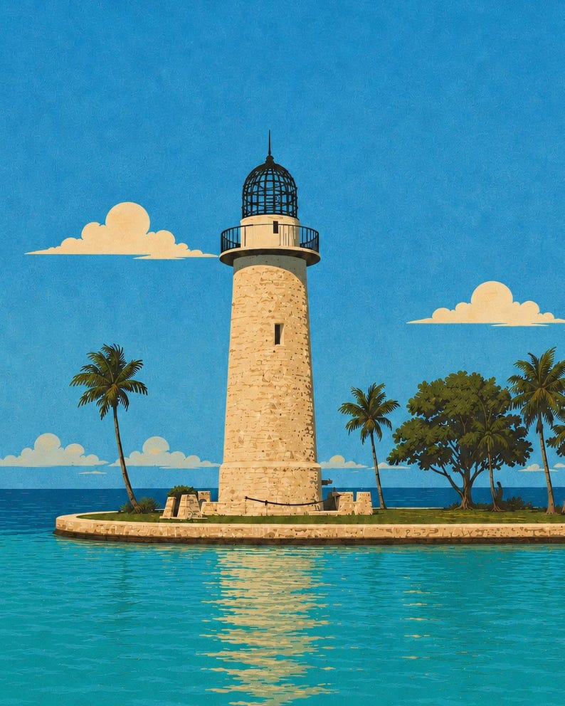 May include: A tall, cylindrical stone lighthouse with a black metal lantern room and railing stands on a small island. The scene features turquoise water, green palm trees, and a clear blue sky with stylized clouds in a flat, graphic art style.