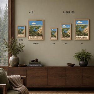 May include: Five framed art prints of Theodore Roosevelt National Park featuring a winding river, rocky cliffs, and blue sky. The prints are labelled with sizes 8x10, 16x20, A4, A3, and A2. The text reads: DIGITAL DOWNLOAD &bull; FRAME NOT INCLUDED.