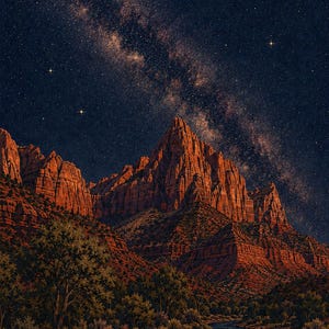 May include: A landscape illustration featuring towering red sandstone mountains under a dark night sky filled with a bright, sprawling Milky Way galaxy. A winding river flows through the foreground, surrounded by dark green desert vegetation.