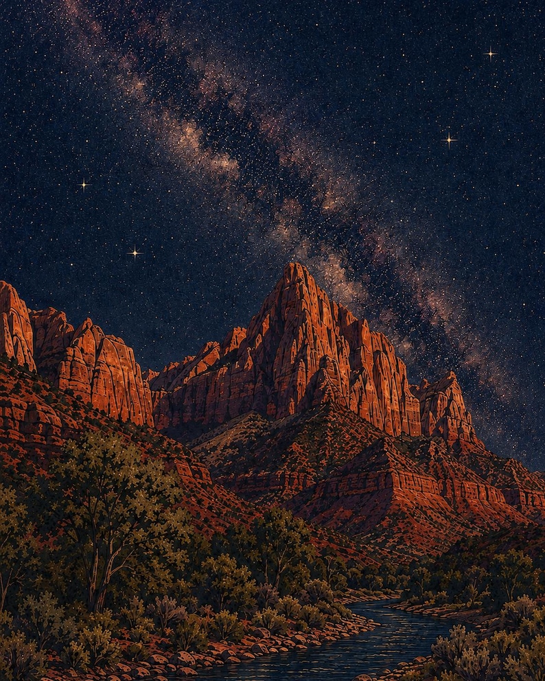 May include: A landscape illustration featuring towering red sandstone mountains under a dark night sky filled with a bright, sprawling Milky Way galaxy. A winding river flows through the foreground, surrounded by dark green desert vegetation.