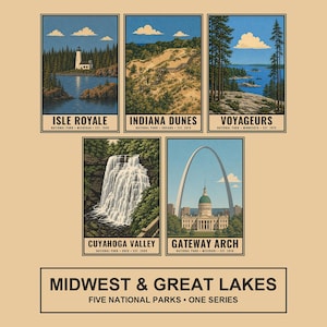Op de afbeelding: Een verzameling van vijf rechthoekige posters met illustraties van de nationale parken Isle Royale, Indiana Dunes, Voyageurs, Cuyahoga Valley en Gateway Arch. De tekst luidt MIDWEST & GREAT LAKES FIVE NATIONAL PARKS ONE SERIES.