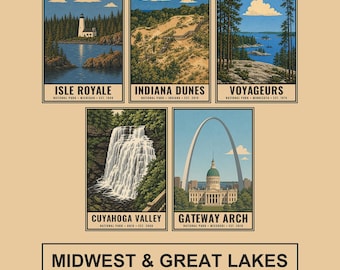 Paquete de pósteres de los parques nacionales de los lagos del medio oeste, conjunto de láminas del arco de entrada de Cuyahoga, arte mural de bosque retro, arte digital descargable de cabaña estilo WPA