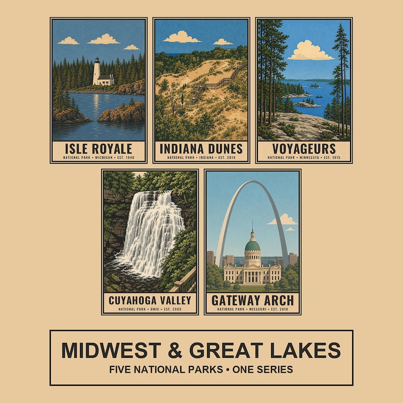 Op de afbeelding: Een verzameling van vijf rechthoekige posters met illustraties van de nationale parken Isle Royale, Indiana Dunes, Voyageurs, Cuyahoga Valley en Gateway Arch. De tekst luidt MIDWEST & GREAT LAKES FIVE NATIONAL PARKS ONE SERIES.