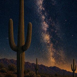 Puede incluir: Un cactus saguaro alto se encuentra en primer plano de un paisaje des&eacute;rtico nocturno. El cielo oscuro est&aacute; lleno de una banda brillante y densa de la V&iacute;a L&aacute;ctea y numerosas estrellas sobre la silueta de monta&ntilde;as distantes y cactus.