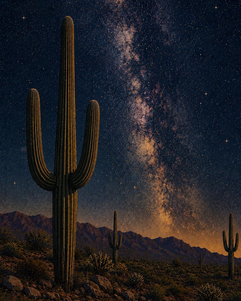 Puede incluir: Un cactus saguaro alto se encuentra en primer plano de un paisaje des&eacute;rtico nocturno. El cielo oscuro est&aacute; lleno de una banda brillante y densa de la V&iacute;a L&aacute;ctea y numerosas estrellas sobre la silueta de monta&ntilde;as distantes y cactus.