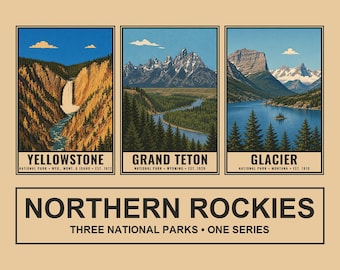 Zestaw plakatów „Parki Narodowe Gór Skalistych Północnych”, zestaw wydruków „Lodowiec Teton w Yellowstone”, sztuka ścienna w stylu retro z motywem górskim, pobieranie cyfrowe w stylu WPA