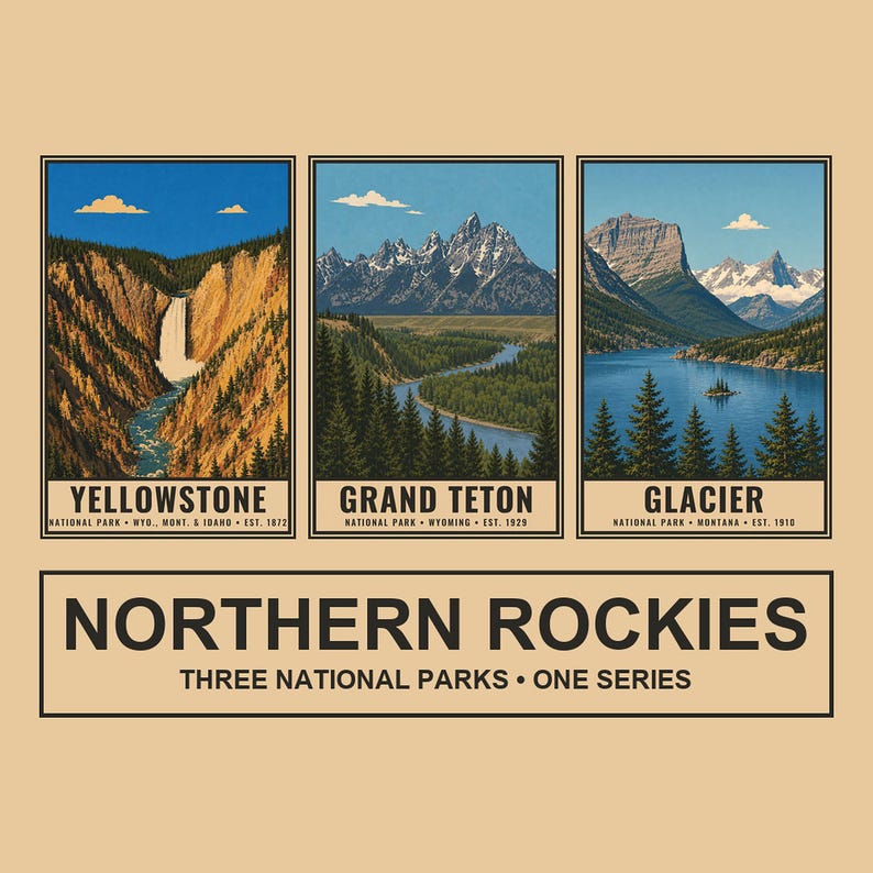 Peut inclure: Un ensemble de trois affiches rectangulaires illustrant les parcs nationaux de Yellowstone, Grand Teton et Glacier. En dessous, un grand rectangle contient le texte NORTHERN ROCKIES THREE NATIONAL PARKS ONE SERIES.
