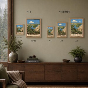 May include: Five framed art prints of Theodore Roosevelt National Park featuring a winding river, rocky cliffs, and blue sky. The prints are labelled with sizes 8x10, 16x20, A4, A3, and A2. The text reads: DIGITAL DOWNLOAD &bull; FRAME NOT INCLUDED.