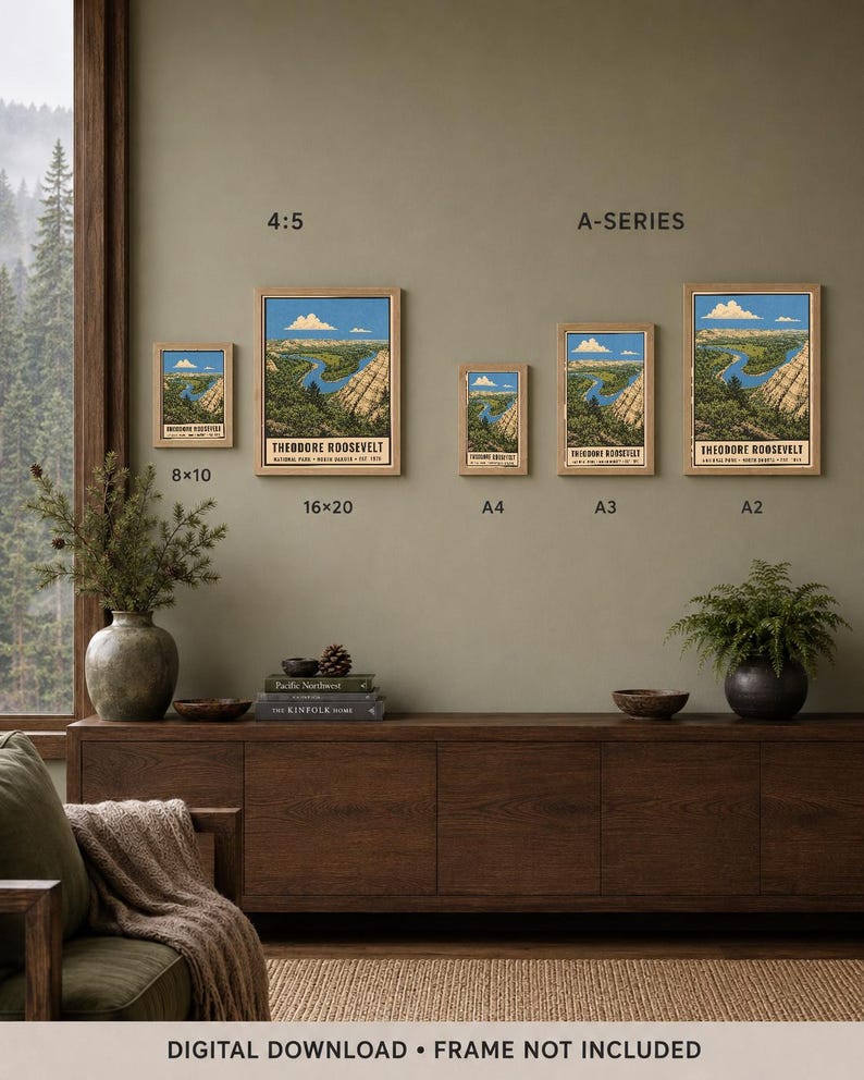 May include: Five framed art prints of Theodore Roosevelt National Park featuring a winding river, rocky cliffs, and blue sky. The prints are labelled with sizes 8x10, 16x20, A4, A3, and A2. The text reads: DIGITAL DOWNLOAD &bull; FRAME NOT INCLUDED.