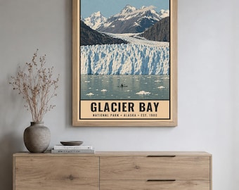 Glacier Bay National Park Poster, Vintage Alaska Fjord Travel Print, Retro Ocean Glacier Wall Art, 1960s WPA Style Serigraph Printable