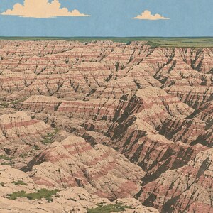 K&ouml;nnte beinhalten: Eine Landschaftsillustration eines Canyons mit geschichteten Felsformationen in Beige-, Hellbraun- und R&ouml;tlichbraunt&ouml;nen. Das Gel&auml;nde weist tiefe Schluchten und Grate mit kleinen gr&uuml;nen Vegetationsflecken unter einem hellblauen Himmel auf.